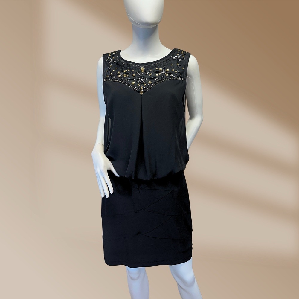 Bisou Bisou Ladies Sz 12 Black Elastic Waist Beaded Embellished Party Dress